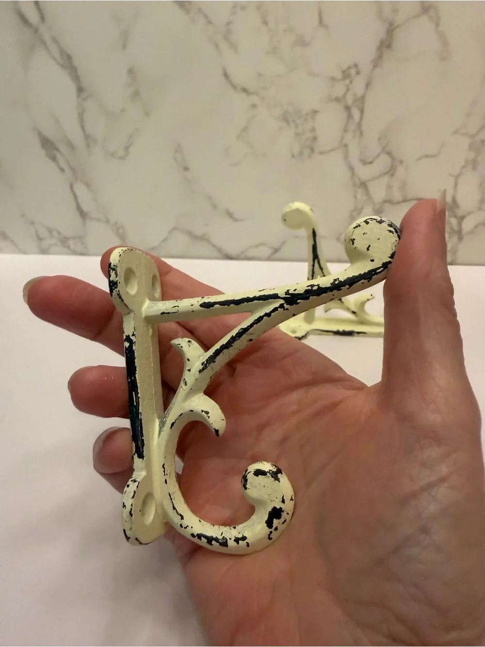 Rustic double-prong off white cast iron wall hooks distressed set of 2